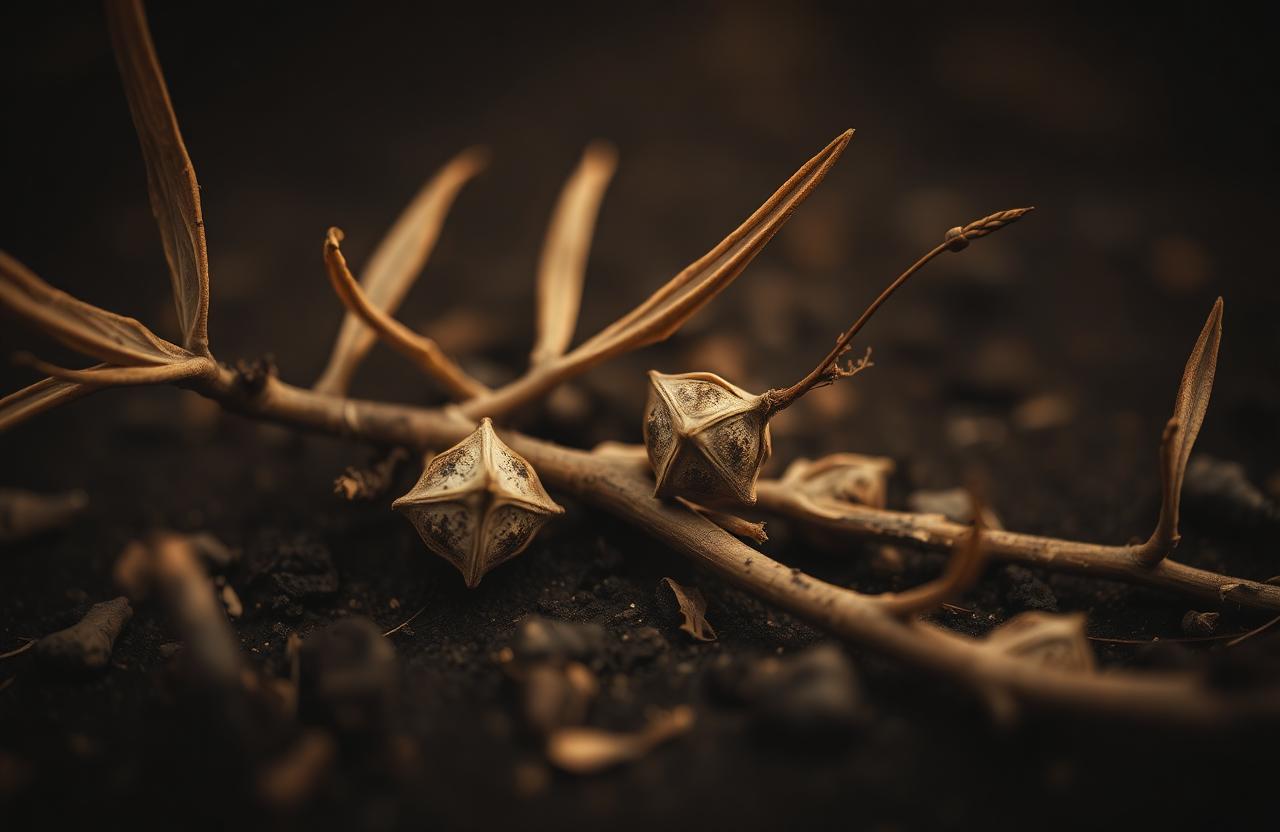 Acacia seed pods on dark earth